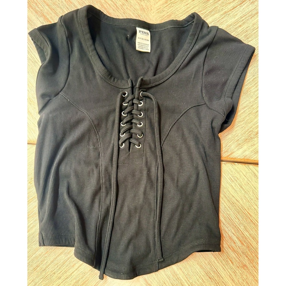 PINK Victoria's Secret Corset Top Size S Black Ribbed Lace-Up Short Sleeve